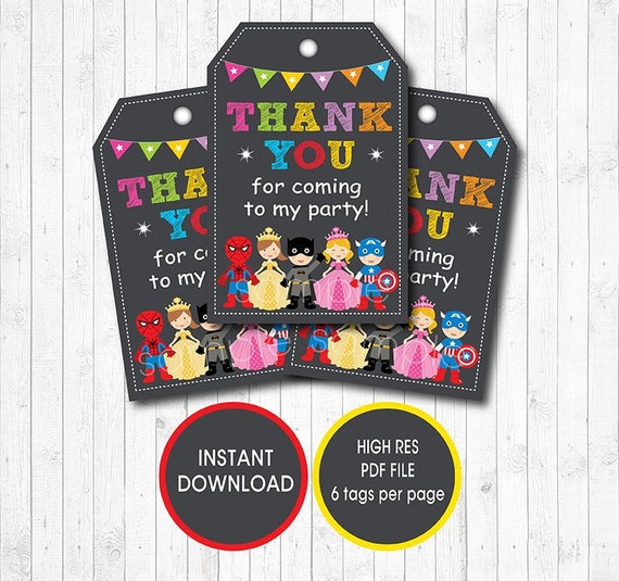 Favour Tags Thank You Labels 8 x Princess and Superhero Thank You Tags 