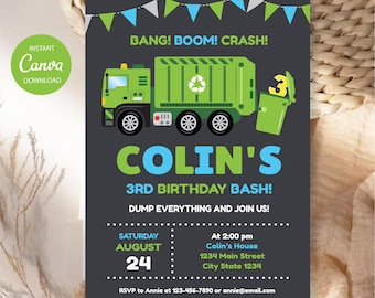 May include: A dark gray birthday invitation card featuring a green garbage truck, a recycling symbol, and a green bin with the number 3. Text includes BANG! BOOM! CRASH!, COLIN'S 3RD BIRTHDAY BASH!, DUMP EVERYTHING AND JOIN US!, date, time, and address details.