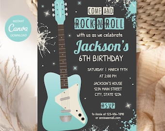 May include: A rectangular birthday invitation card featuring a light blue electric guitar on a dark gray background with white paint splatter accents. The text reads: COME AND ROCK N ROLL with us as we celebrate Jackson's 6TH BIRTHDAY, MARCH 17TH.