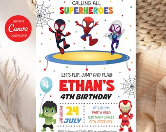 May include: A rectangular birthday invitation card featuring cartoon superheroes including Spider-Man, Ghost-Spider, Hulk, and Iron Man. The text reads Calling All Superheroes, Ethan's 4th Birthday, Saturday 24 July, at 2:00 PM, Party Area, 1234 Main Street, City State 1234, and RSVP details.