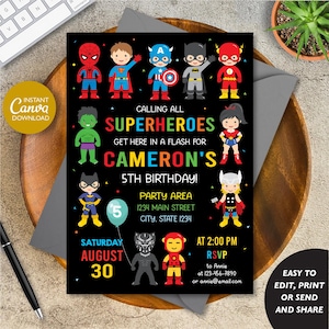 Editable Superhero Birthday Invitation, Superheroes Party, Superhero Invitation, Canva Template, INSTANT DOWNLOAD