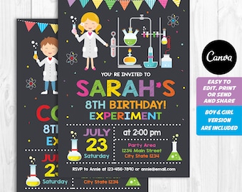 Editable, Science Party Invitation, Mad Science Birthday Invitation, Boy and Girls Science Party, Canva Template, INSTANT DOWNLOAD