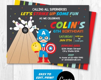 EDITABLE, Superhero Bowling Invitation, Superhero Bowling party, Superhero Birthday, Chalkboard, Canva template, INSTANT DOWNLOAD