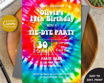 Bewerkbaar, tie-dye-uitnodiging, tie-dye-party, VSCO-uitnodiging meisje, canvassjabloon, INSTANT DOWNLOAD