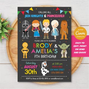 Editable Star Wars and Frozen Birthday Invitation, Star Wars Party, Jedi Invitation, Frozen Invitation, Twins Birthday, INSTANT DOWNLOAD