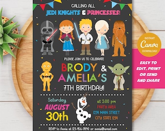 Editable Star Wars and Frozen Birthday Invitation, Star Wars Party, Jedi Invitation, Frozen Invitation, Twins Birthday, INSTANT DOWNLOAD