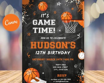 Bewerkbare basketbal verjaardagsuitnodiging, Slam Dunk Party uitnodiging, jongens basketbal uitnodigen, schoolbord, canvas, hoepels verjaardag, INSTANT DOWNLOAD