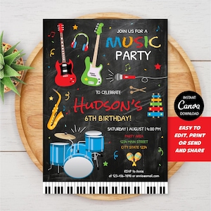 May include: Black invitation featuring musical instruments like guitars, drums, and a saxophone. The text says "Join us for a Music Party" to celebrate Hudson's 6th birthday. Includes event details and RSVP information.