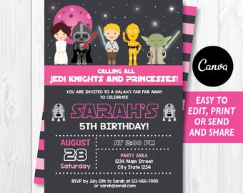 Editable, Star Wars Birthday Invitation, Star wars party, Girls Birthday, Pink, Canva Template, INSTANT DOWNLOAD
