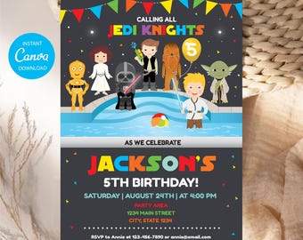 May include: A birthday party invitation featuring cartoon characters around a swimming pool. Text includes CALLING ALL JEDI KNIGHTS, JACKSON'S 5TH BIRTHDAY, SATURDAY AUGUST 24TH AT 4:00 PM, 1234 MAIN STREET, CITY STATE 1234, and RSVP to Annie at 123-456-7890.