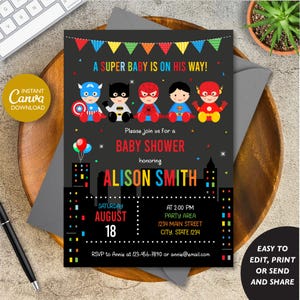 Invitación editable para baby shower de superhéroes, plantilla de Canva, pizarra, descarga instantánea.