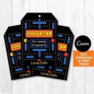 Etiquetas de regalo editables para fiestas de arcade, cumpleaños de arcade, fiesta de arcade, plantilla de Canva, descarga instantánea
