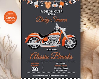Editable Motorcycle Baby Shower Invitation, Canva Template, INSTANT DOWNLOAD