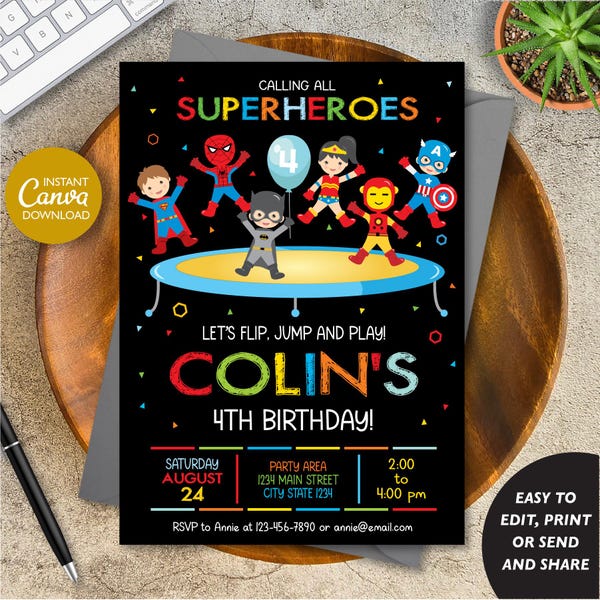 Bearbeitbare Einladung zum Superhelden-Trampolin-Geburtstag, Superhelden-Trampolin-Party, Superhelden-Sprung-Einladung, Canva-Vorlage, SOFORT-DOWNLOAD