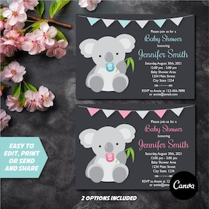 Editable, Koala Baby Shower Invitation, Baby Boy, Aqua Blue, Pink, Grey, Canva template, INSTANT DOWNLOAD