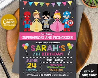 Editable, Superheroes and Princesses Birthday Invitation, Canva Template, Chalkboard, Princess Party, INSTANT DOWNLOAD