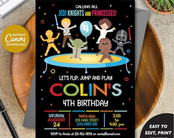 Bearbeitbare Star Wars Trampolin-Geburtstagseinladung, Star Wars-Einladung, Star Wars-Trampolinparty, Canva-Vorlage, SOFORTIGER DOWNLOAD