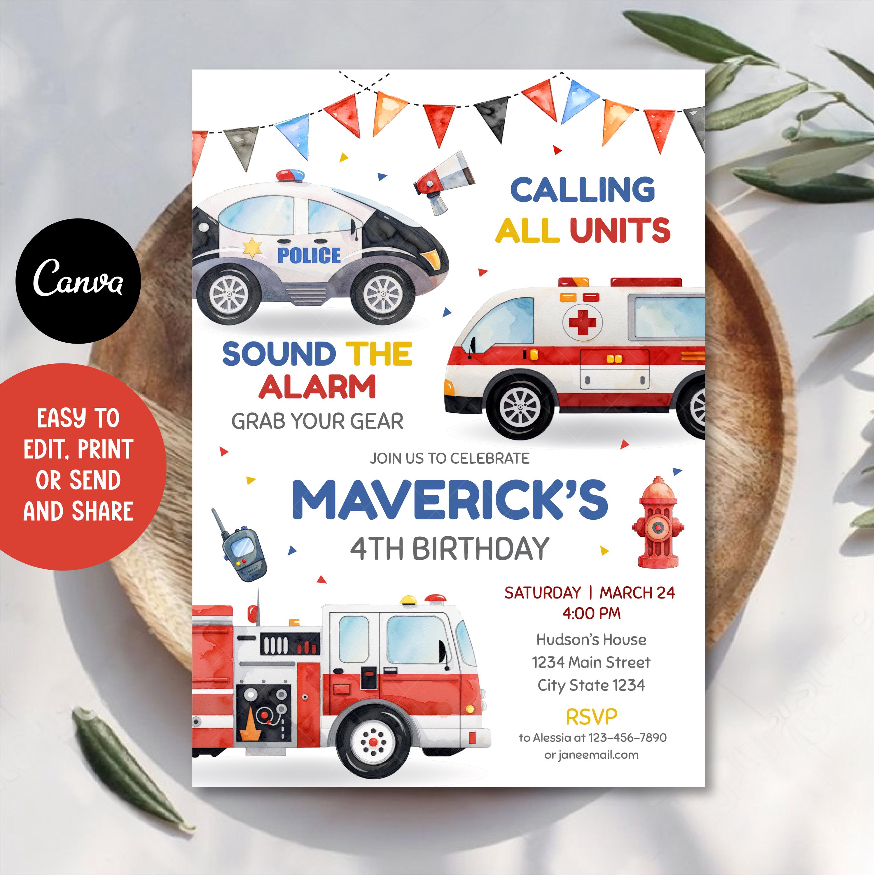 EDITABLE First Responders Birthday Invitation, Emergency Vehicles ...