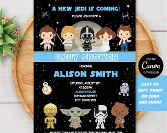 Editable, Star Wars Baby Shower Invitation, Baby Boy, Blue, Canva template, INSTANT DOWNLOAD