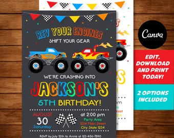 Editable, Monster Truck Birthday Invitation, Monster Truck Party, Canva Template, Chalkboard, INSTANT DOWNLOAD