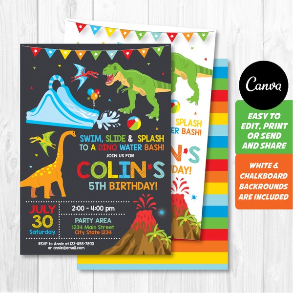 EDITABLE, Dinosaur Water slide Invitation, Dinosaur Invitation, Canva template, INSTANT DOWNLOAD