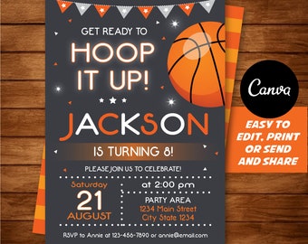 Editable, Basketball Birthday Invitation, Basketball party, Canva template, Chalkboard, INSTANT DOWNLOAD