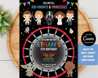 Star Wars Trampolin Geburtstagseinladung, bearbeitbare Star Wars Trampolineinladung, Star Wars Trampolinparty, Canva, INSTANT DOWNLOAD