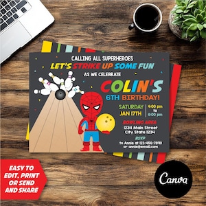 EDITABLE, Superhero Bowling Invitation, Superhero Bowling party, Superhero Birthday, Chalkboard, Canva template, INSTANT DOWNLOAD