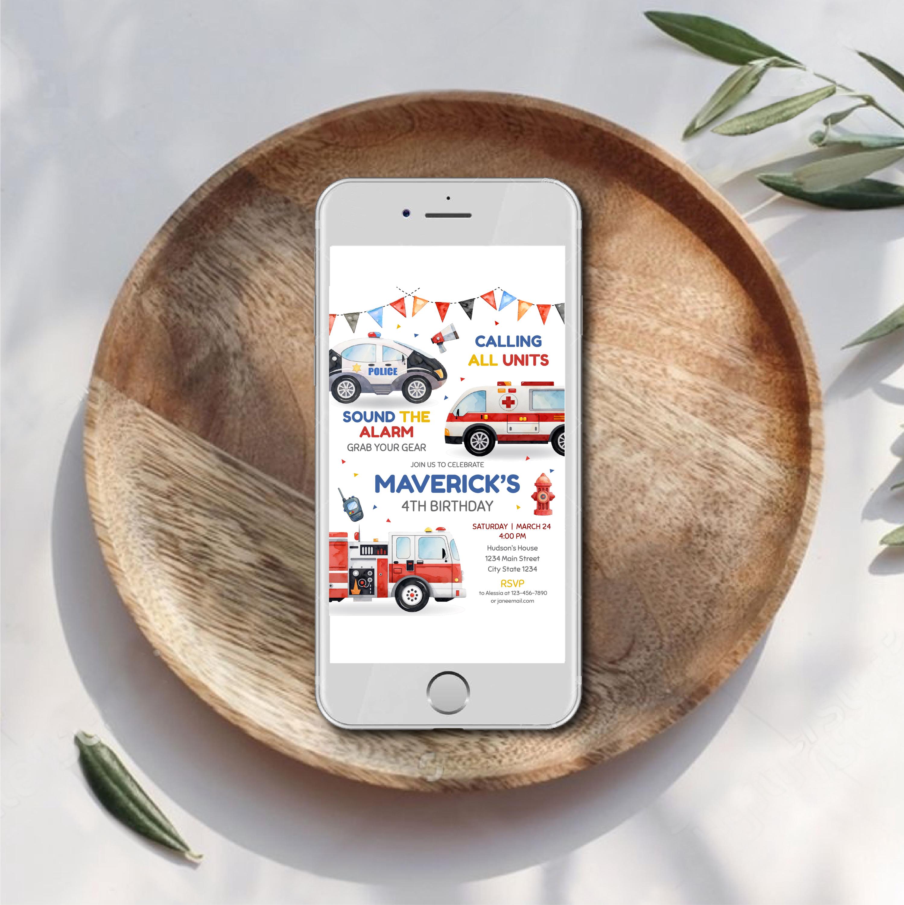 EDITABLE First Responders Birthday Invitation, Emergency Vehicles ...