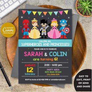Editable, Superheroes and Princess Birthday Invitation, Avengers Birthday, Princesses Party, Canva, Twins Birthday, INSTANT DOWNLOAD