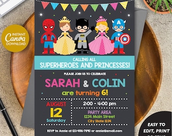 Bewerkbaar, verjaardagsuitnodiging superhelden en prinses, Avengers verjaardag, prinsessenfeest, canvas, verjaardag tweeling, INSTANT DOWNLOAD