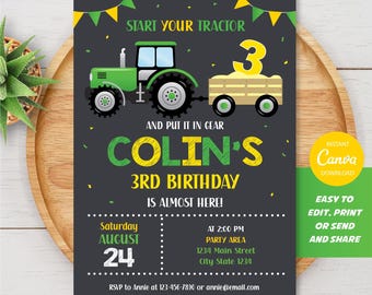 Bewerkbare tractorverjaardagsuitnodiging, tractorfeest, boeruitnodiging, groen gele tractoruitnodiging, canvassjabloon, INSTANT DOWNLOAD