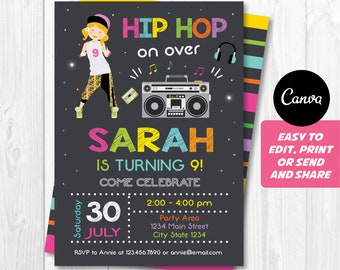 Editable, Hip Hop Birthday Invitation, Dance party, Dancing Invitation, Girls Birthday, Canva Template, Chalkboard, INSTANT DOWNLOAD