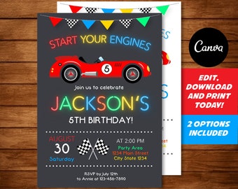 EDITABLE, Race Car Birthday Invitation, Racing Car Invitation, Race Car Party, Canva template, Chalkboard, INSTANT DOWNLOAD