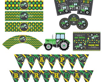 Puede incluir: Un paquete de imprimibles para una fiesta de cumpleaños con temática de tractor, con diseños de tractores verdes y amarillos. El paquete incluye envoltorios para cupcakes, etiquetas de regalo, una pancarta y una invitación de cumpleaños.