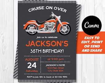 Editable, Motorcycle Birthday Invitation, Motorcycle party, Adult Birthday, Canva Motorcycle Template, Chalkboard, INSTANT DOWNLOAD