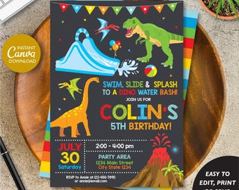 EDITABLE Dinosaur Waterslide Invitation, Dinosaur Invitation, Dino Waterslide Invitation, Canva template, INSTANT DOWNLOAD