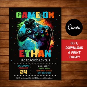 EDITABLE, Video Game Birthday Invitation, Gamer Boy Invitation, Arcade Birthday Party, Canva template, INSTANT DOWNLOAD