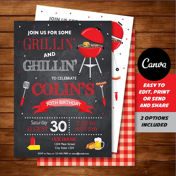 Editable, BBQ Birthday Invitation, Barbecue Invitation, Canva Template, Chalkboard, INSTANT DOWNLOAD