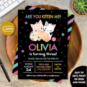 Editable Cat Birthday invitation, Kitty Birthday Invitation, Kitty party, Canva template, INSTANT DOWNLOAD