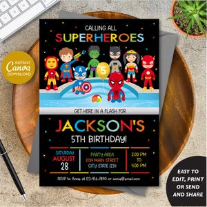 Puede incluir: Una invitación de cumpleaños negra y colorida con un tema de superhéroes. La invitación presenta un grupo de superhéroes de dibujos animados, incluidos Spiderman, Superman, Wonder Woman y Hulk. El texto de la invitación dice "Calling all Superheroes" y "Jackson's 5th Birthday!" La invitación también incluye la fecha, la hora y la ubicación de la fiesta.