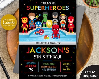 Editable, Superhero Pool Birthday Invitation, Superheroes Birthday, Superhero Party, Canva Template, INSTANT DOWNLOAD