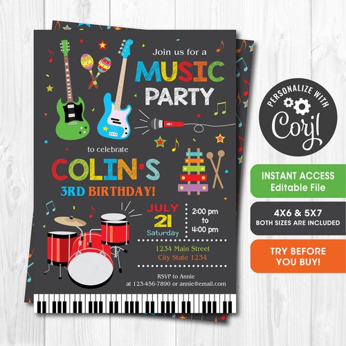 Editable Music Birthday Invitation Music Party Musical Etsy