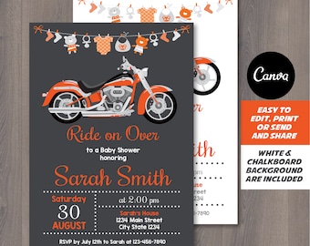 Editable, Motorcycle Baby shower Invitation, White and Chalkboard Background, Canva Template, Digital printable Invitation