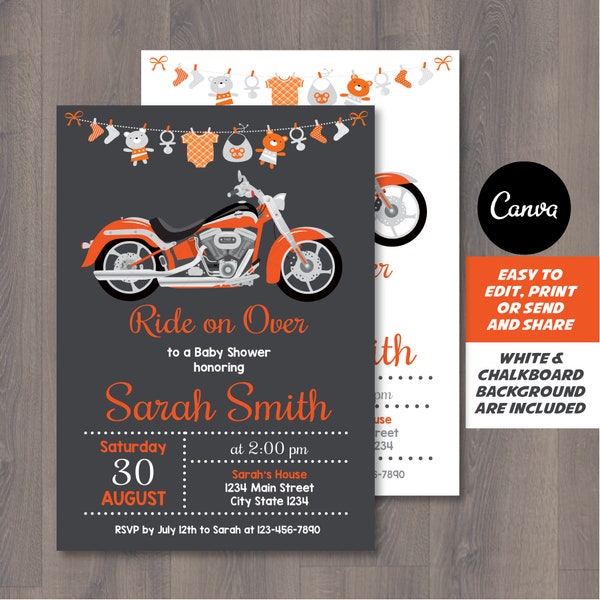 Editable, Motorcycle Baby shower Invitation, White and Chalkboard Background, Canva Template, Digital printable Invitation