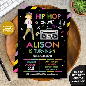 Editable Hip Hop Birthday Invitation Girl, Hip Hop Invitation Girl, Dance party Girl, Dancing Invitation, Canva Template, INSTANT DOWNLOAD