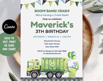 May include: A birthday party invitation with a green and white color scheme. The invitation features a green garbage truck illustration and text that reads "BOOM! BANG! CRASH! We're having a Trash Bash!" and "Maverick's 3TH BIRTHDAY".