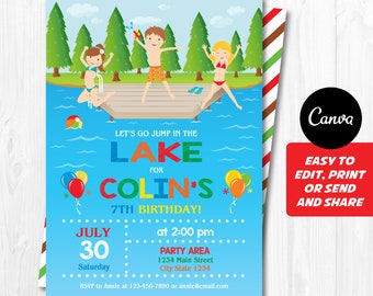 Editable, Lake Birthday Invitation, Lake Party, Boys Birthday, Canva Template, INSTANT DOWNLOAD