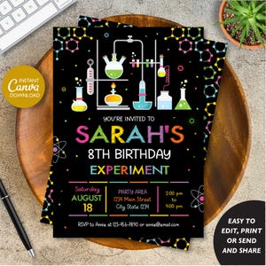 Editable Science Party Invitation Girl, Mad Science Birthday Invitation Girl, Science Party Girl, Canva Template, INSTANT DOWNLOAD