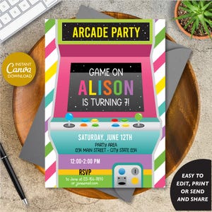 Editable Arcade Birthday Invitation Girl, Retro Gaming Invitation, Video game Invitation Girl, Canva Template, INSTANT DOWNLOAD